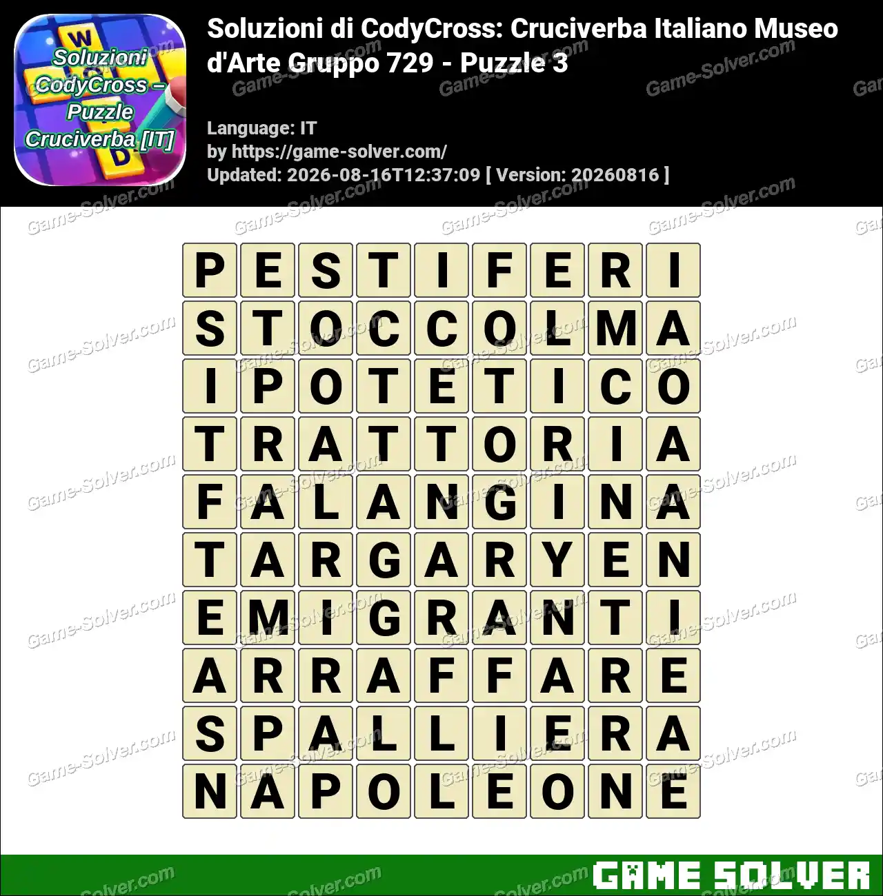 Soluzioni di CodyCross: Cruciverba Italiano Museo d’Arte Gruppo 729 – Puzzle 3